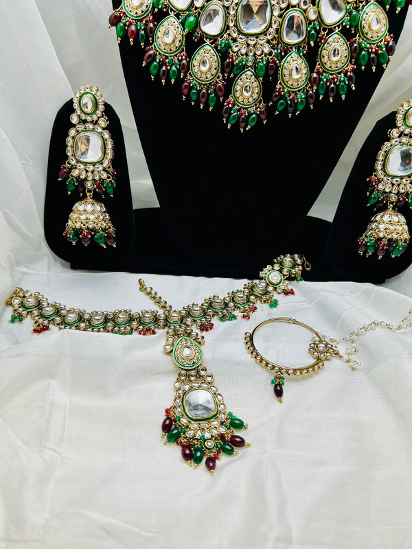 Kundan Maroon Green Bridal Set